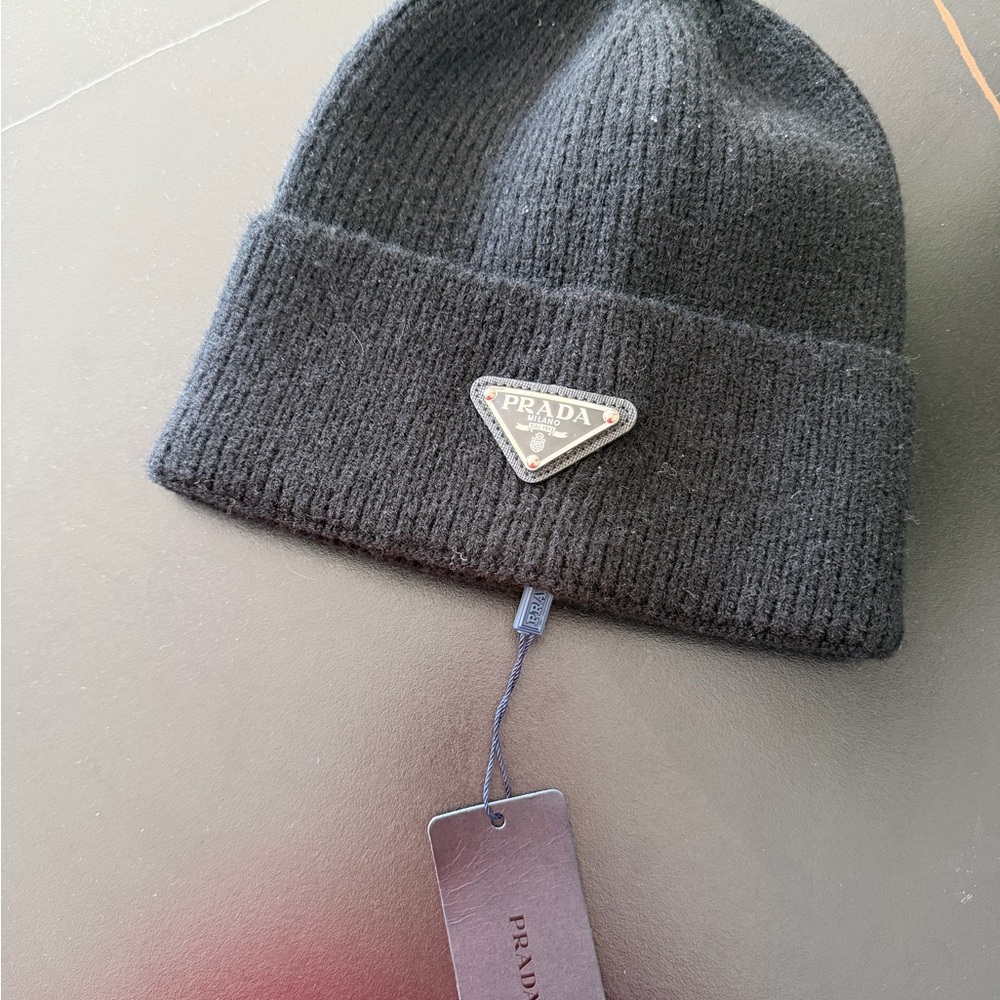 Prada Black Ribbed Wool Beanie with Logo Plaque